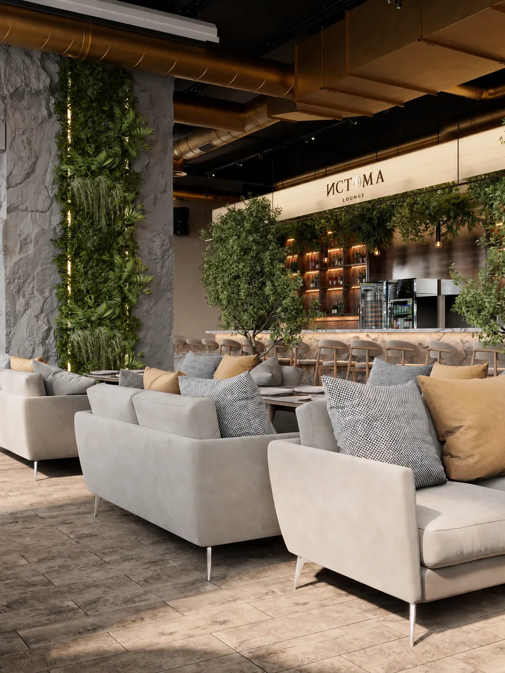 Основной зал ИСТОМА Lounge с каменными стенами и деревьями